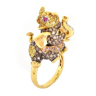 Diamond, Gemstone and 18K Gold Elephant Ring