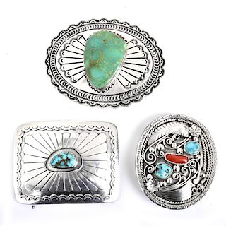 Three (3) Silver and Turquoise Belt Buckles
