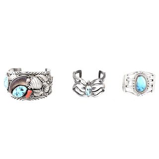 Three (3) Silver and Turquoise Cuff Bangles