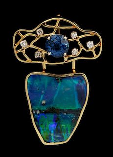 A UNIQUE MICKY ROOF 18K BROOCH W/ OPAL & SAPPHIRE