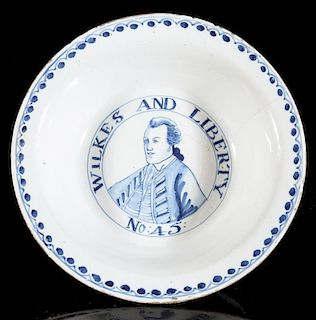 AN 18TH C. DELFT GLAZE BOWL: WILKES AND LIBERTY NO. 45
