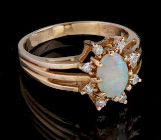 A LADIES' 14K GOLD, DIAMOND AND OPAL FASHION RING