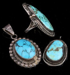 STERLING SILVER AND TURQUOISE RING AND PENDANTS