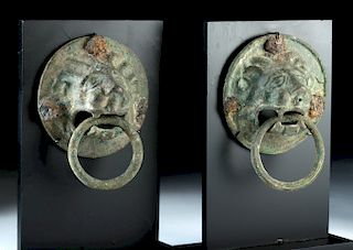 Roman Pair of Leaded Bronze Lion Head Handles