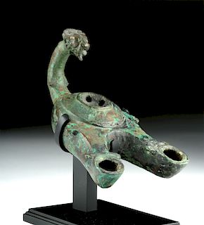 Roman Bronze Double Spouted Oil Lamp - Lion Finial