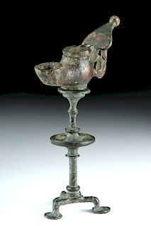 Rare Miniature Roman Bronze Lamp on Stand