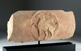 1st C. Indian Red Sandstone Crossbar w/ Winged Goat