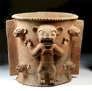 Enormous Mayan Pottery Cache Vessel w/ 5 Jaguars, TL'd