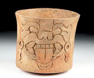 Mayan Carved Pottery Vessel with Jaguar Face