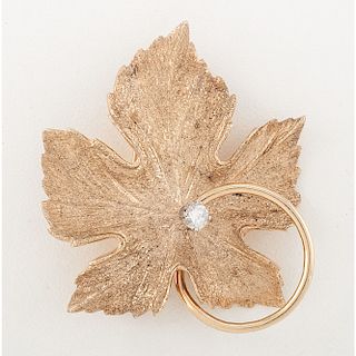 14 Karat Yellow Gold Diamond Leaf Brooch