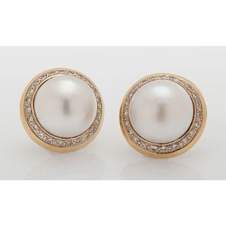 18 Karat Gold Mabe Pearl and Diamond Earrings