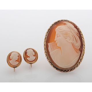 10 Karat Gold Cameo Earrings with Gold Filled Brooch