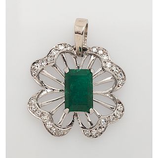14 Karat White Gold Emerald and Diamond Pendant