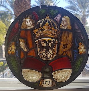 German Renaissance Antique Stained Glass Armorial Rondel