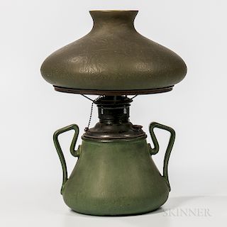Green Handel Shade on Hampshire Pottery Lamp Base