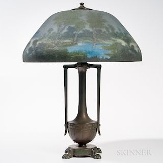 Moe-Bridges Company Reverse-painted Glass Shade with Patinated Bronze Base