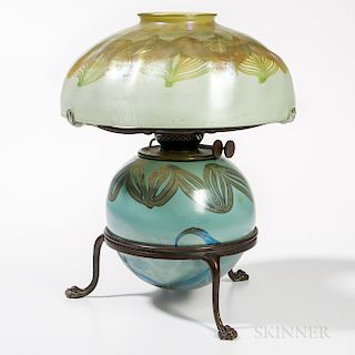 Tiffany Favrile Glass Oil Lamp and Possibly Tiffany-style Shade on Bronze Base