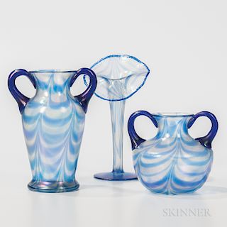 Three Imperial Art Glass Vases with Blue on Clear Dragged Loop Design