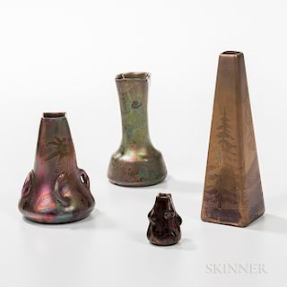 Four Small Clement Massier Iridescent Pottery Vases