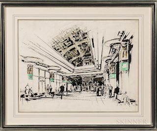 Architectural Watercolor Drawing:  Art Deco Hotel Lobby