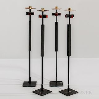 Four Tall Mid-century Modern Metal and Ebonized Wood Candleholders