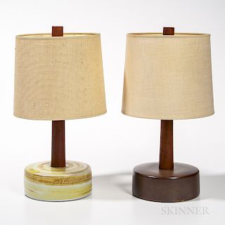 Two Martz Pottery and Teak Table Lamps with Linen Shades