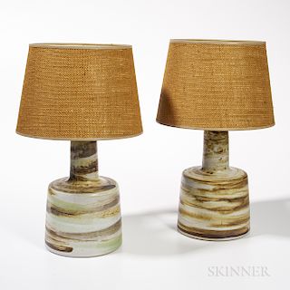 Pair of Martz Pottery Table Lamps with Woven Fiber Shades