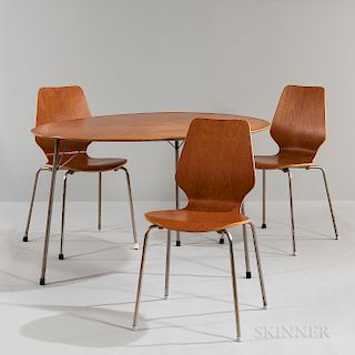 Arne Jacobsen for Fritz Hansen Egg Table and Three Stackable Plywood Chairs