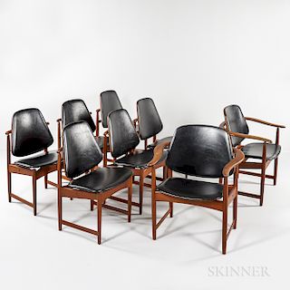 Eight A. Hovmand Olsen Teak and Leather Dining Chairs