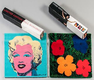 Two Ege Art Wool Rugs After Warhol's Marilyn in Blue   and Flowers in Red/Blue