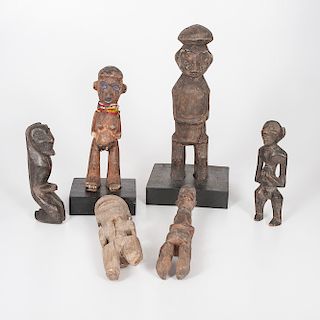 6 wooden figures, 2 on pedestals 