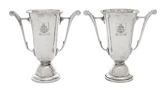 A Pair of English Silver Twin-Handled Cups, Henry Clifford Davis, Birmingham, 1957, each of handled, inverted bell form, the bod