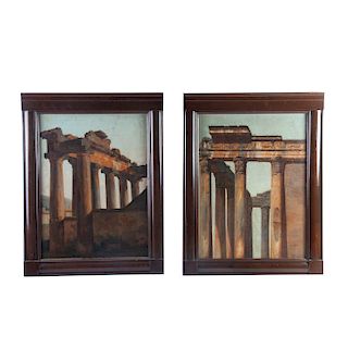 Vistas de ruinas romanas. Siglo XX. Óleos sobre tabla. Sin firma. Enmarcados. 52 x 38 cm c/u Piezas: 2