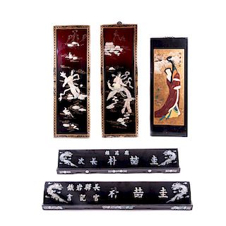 Lote de piezas decorativas. Siglo XX. Corea. Elaborados en madera esmaltada e incrustaciones de piedra jabonosa. Piezas: 5