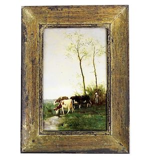 Antique Framed Enamel Countryside Glass Painting