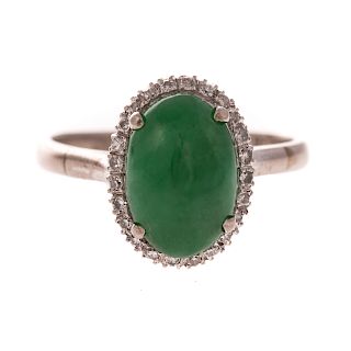 A Ladies 14K Bright Green Jade & Diamond Ring