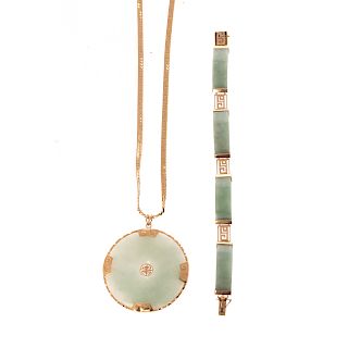 A Lady's Jade Pendant & Bracelet in 14K Gold