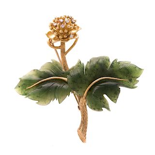 A Ladies 18K Carved Jade and Diamond Flower Brooch