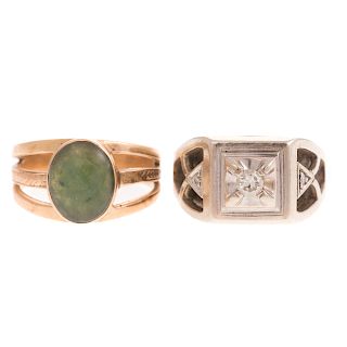 Two Gent's Rings with Jade & a Diamond in 14K