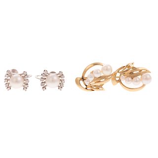 Two Pair of Ladies Pearl Earrings in 14K Gold