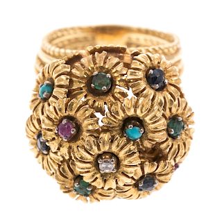 A Ladies 18K En Tremblant Gemstone Flower Ring