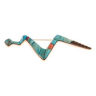 A Ladies 14K Turquoise & Coral Snake Pin