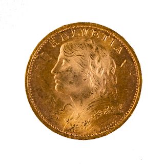 1927-B Swiss Gold 20 Francs AU
