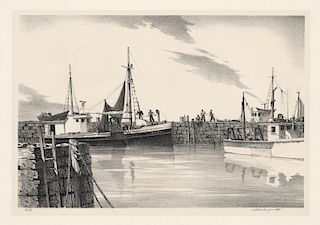 Stow Wengenroth - Quiet Harbor.  [Greenport,  New York.] - Original, Signed Lithograph