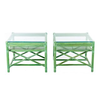 Pr McGuire bamboo/rattan green stain side tables
