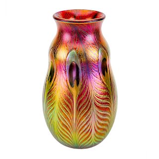Charles Lotton, red iridescent peacock glass vase