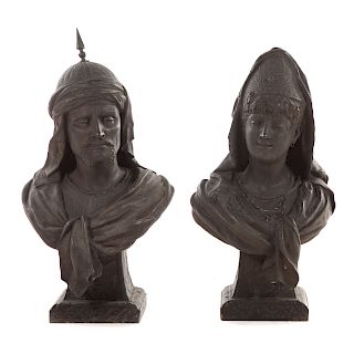 Continental School. Moorish couple bronze busts