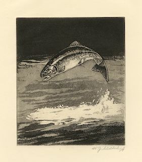 William J. Schaldach - Dark Water- Trout - Original, Signed Aquatint