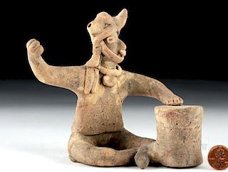 Colima Pottery Whistling Figure - Seated Shaman Drummer