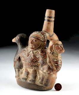 Moche Pottery Stirrup Vessel - Ai Apec, Bird, & Monkey